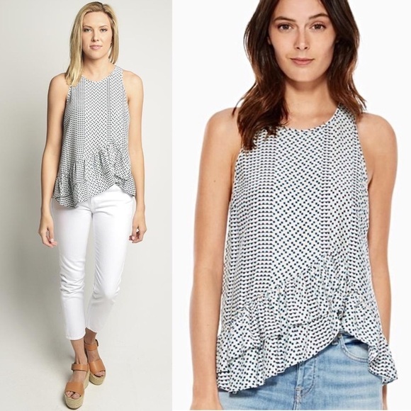 PARKER 100% Silk Sleeveless Asymmetrical Ruffle Hem Geometric Print Top Size XS - Picture 1 of 8